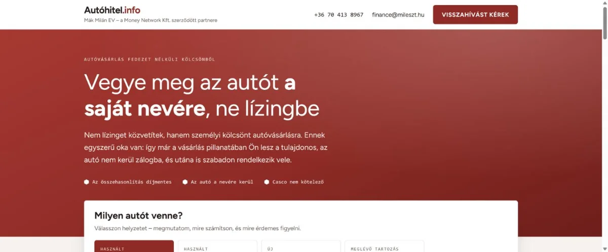 Az autohitel.info autóhitel oldal főoldala