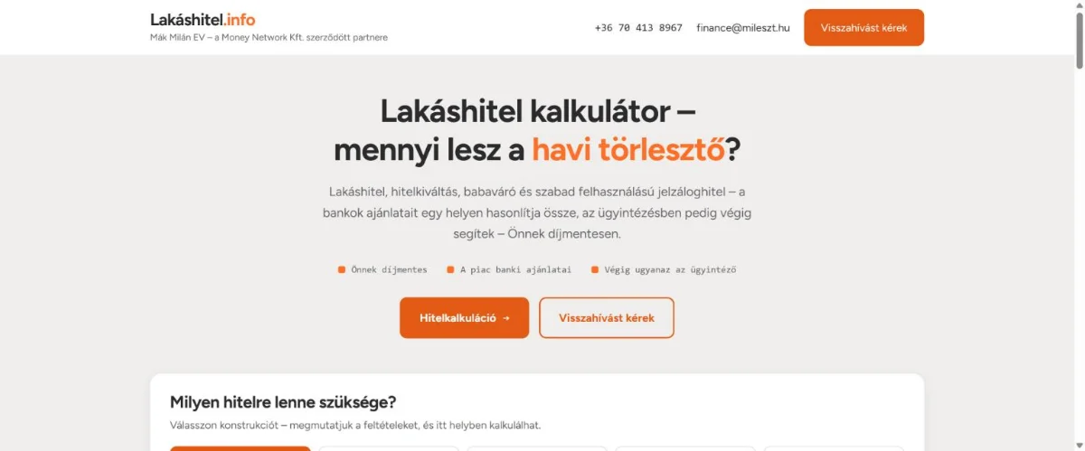 A lakashitel.info lakáshitel-kalkulátor oldal főoldala