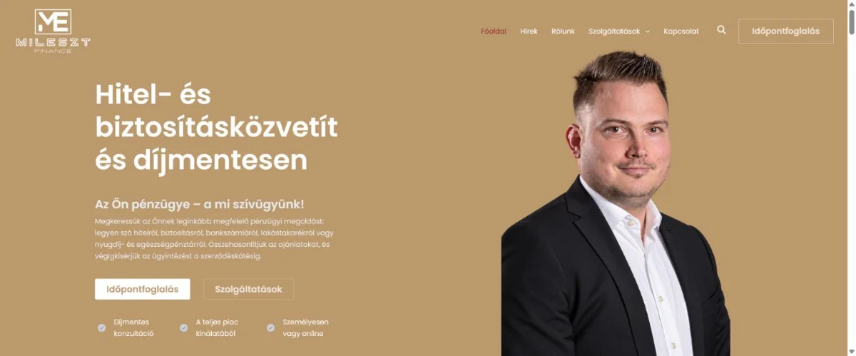 A mileszt-finance.hu hitel- és biztosításközvetítő weboldal főoldala