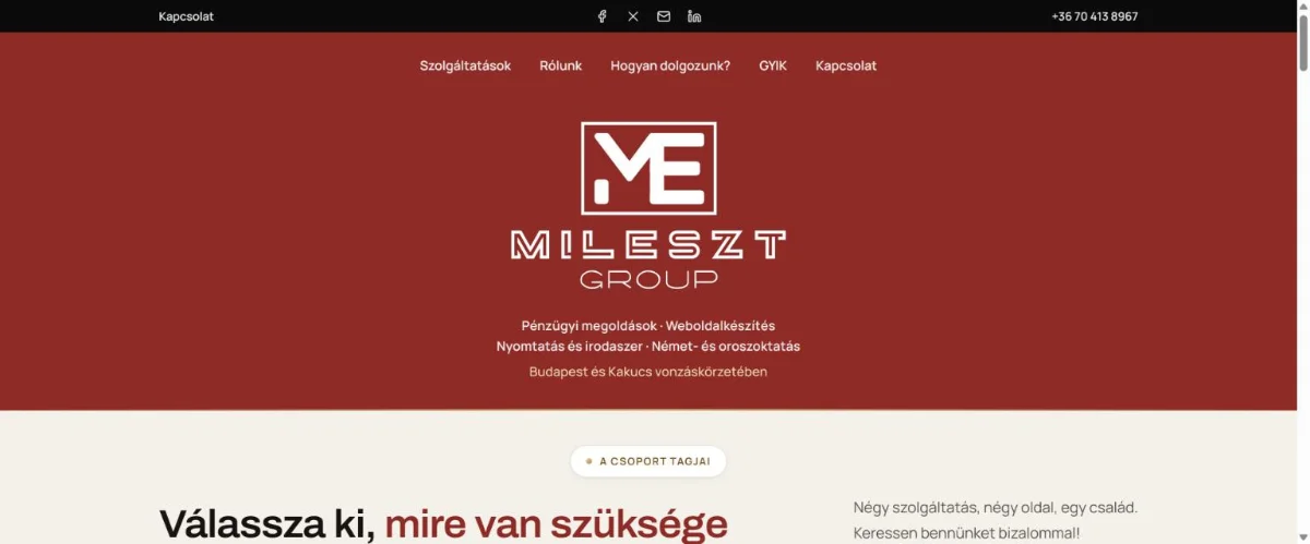 A mileszt.hu, a MilEszt-Group főoldala asztali nézetben
