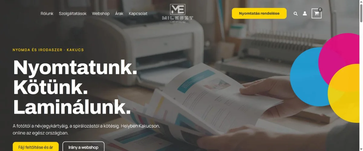 A mileszt-office.hu nyomdai és irodaszer webshop főoldala