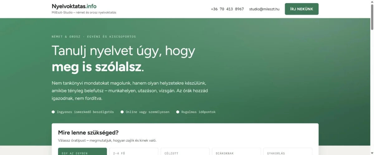 A MilEszt-Studio német és orosz nyelvoktatás weboldalának főoldala