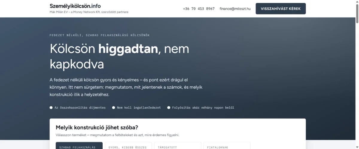 A szemelyikolcson.info személyi kölcsön oldal főoldala